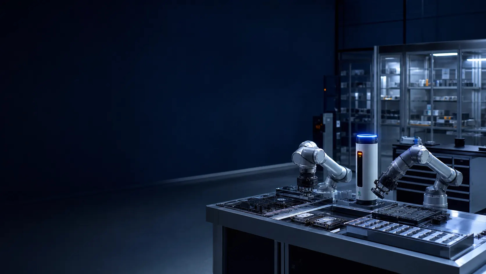 Brazos robóticos trabajan con componentes en un laboratorio automatizado