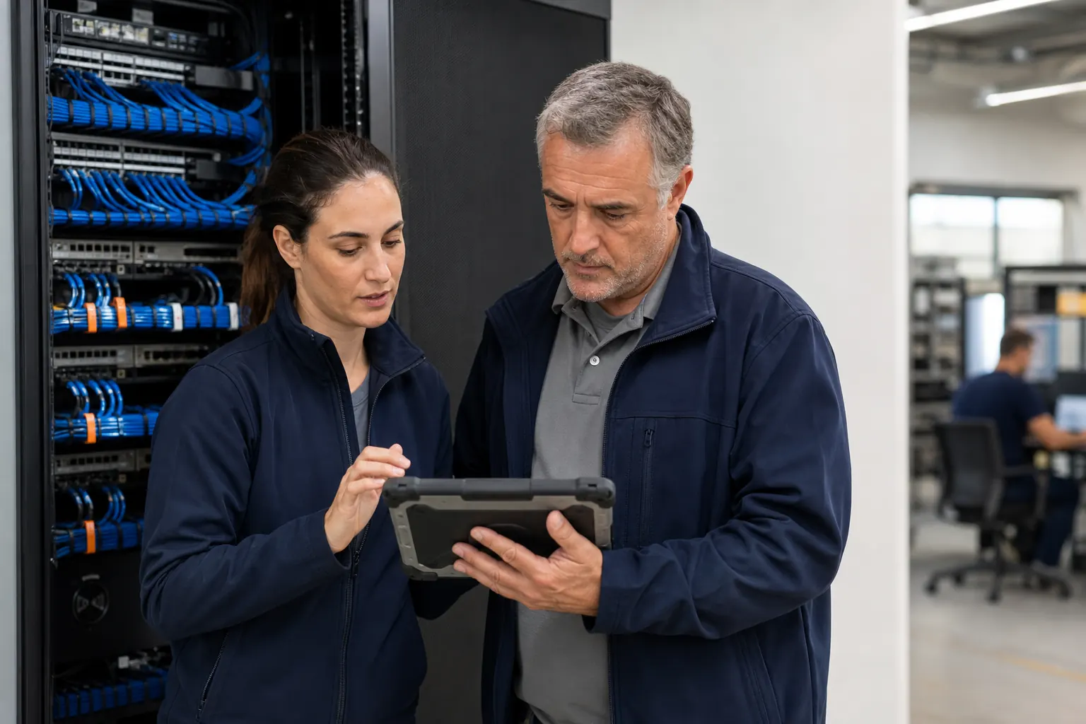Dos especialistas revisan la configuración de una infraestructura de red